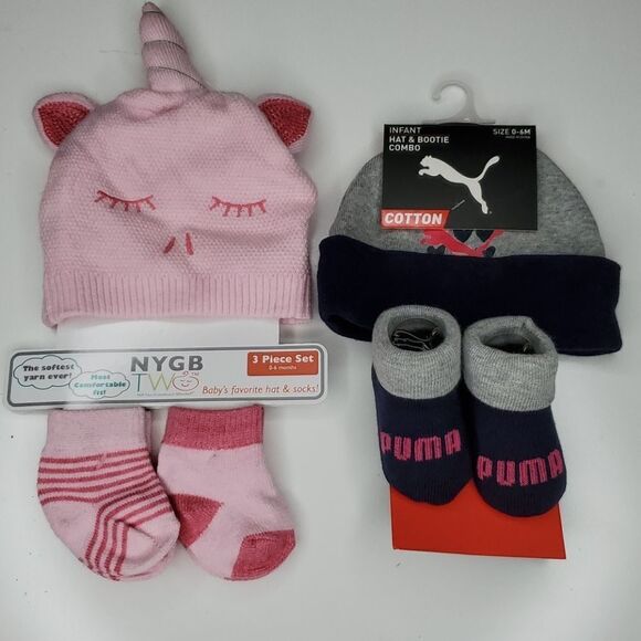 2 NEW BABY GIFT SETS - PUMA FANTASY UNICORN HAT COSTUME INFANT SOCKS - Picture 1 of 8